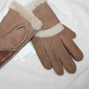 NWT WOMEN'S SUEDE SHEARLING‎ TRIMMED TECH GLOVES CHESTNUT BROWN
